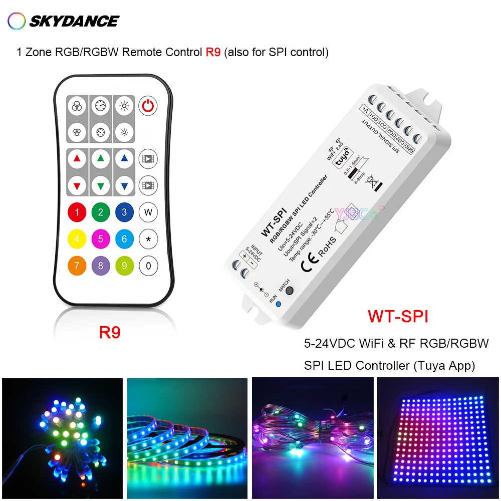 

Skydance music WiFi+2.4G RF RGB/RGBW Pixel IC SPI WS2812 WS2815 LED Strip module Controller WT-SPI R9 RGB Remote 5V-24V 12V