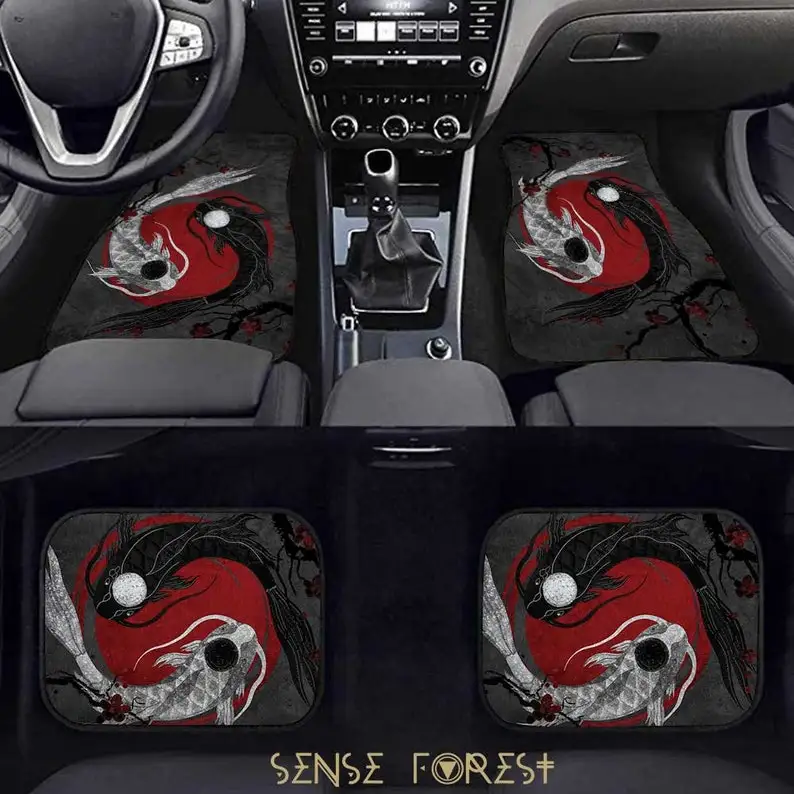 

Japanese Red Sun Car floor Mat set, YinYang Koi Fish car interior decor, Japan art car accessories, Mystical Cute car mats for w