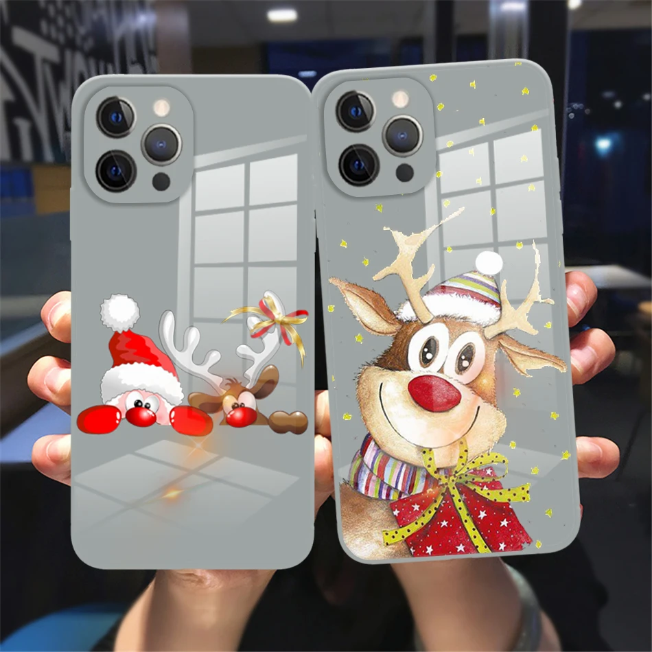 

New Year Merry Christmas Elk Phone Cover For iPhone 11 12 13 14 Pro Max X XR XSMax 14Plus 13Mini grey Tempered Glass bumper Case