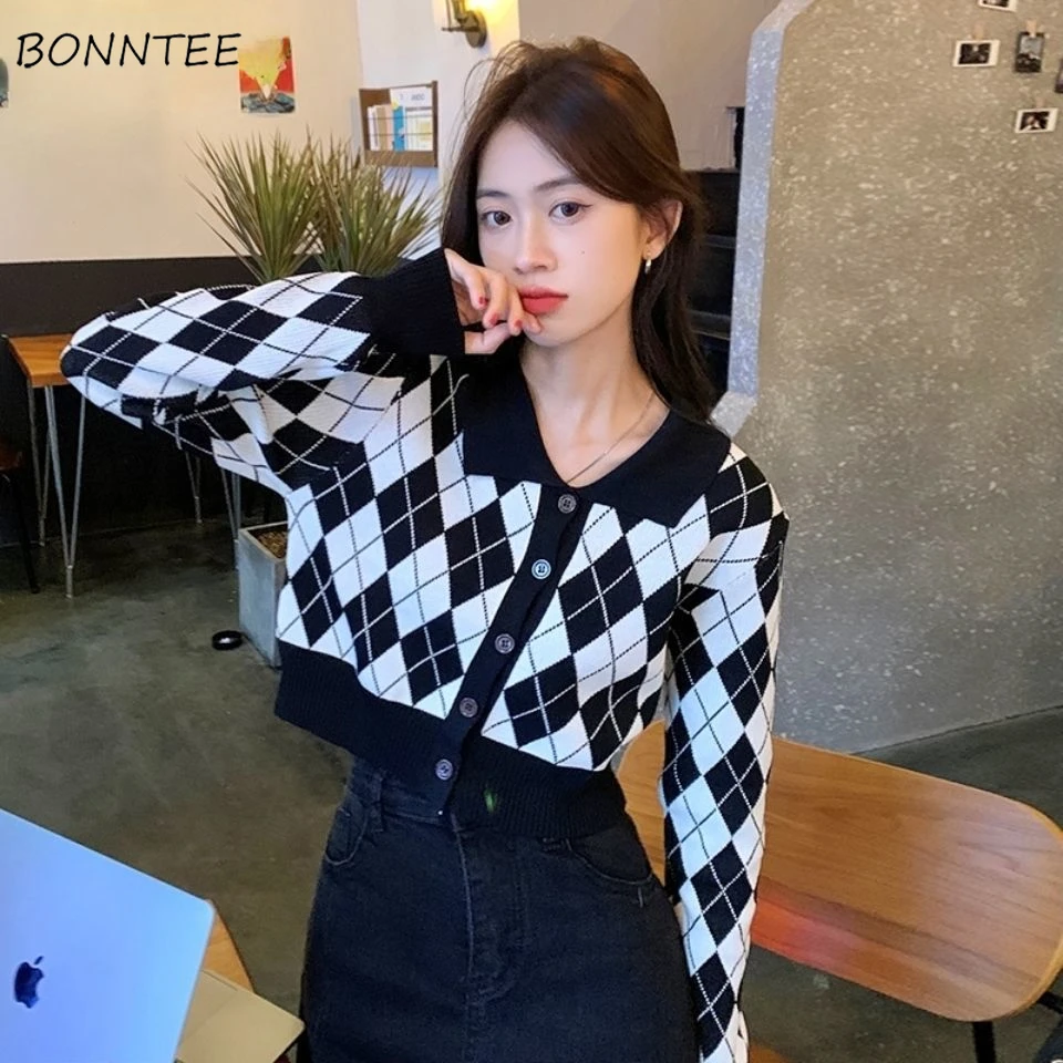 

French Vintage Argyle Cardigan Women Straight Stylish Knitted Sweaters Streetwear Crop Tops Basic Ins Sweet Harajuku Japan Mujer