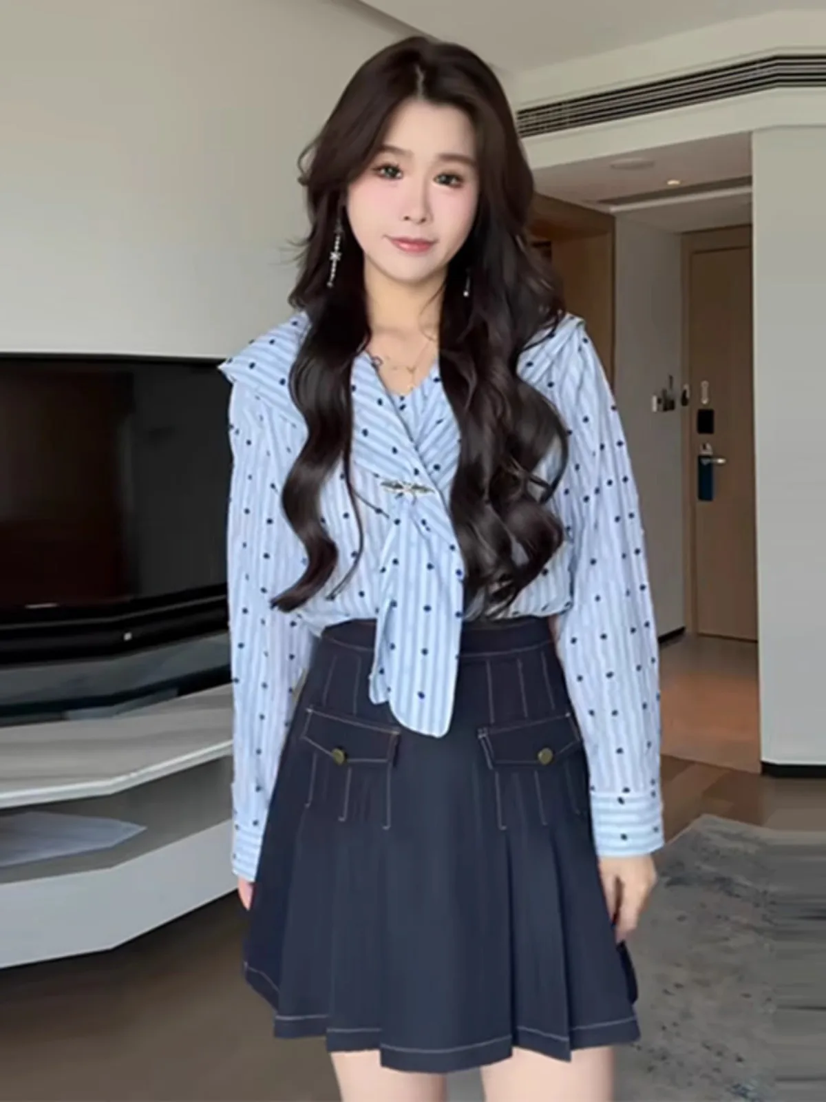 Рубашки с длинными рукавами и французским воротником в горошек больших размеров