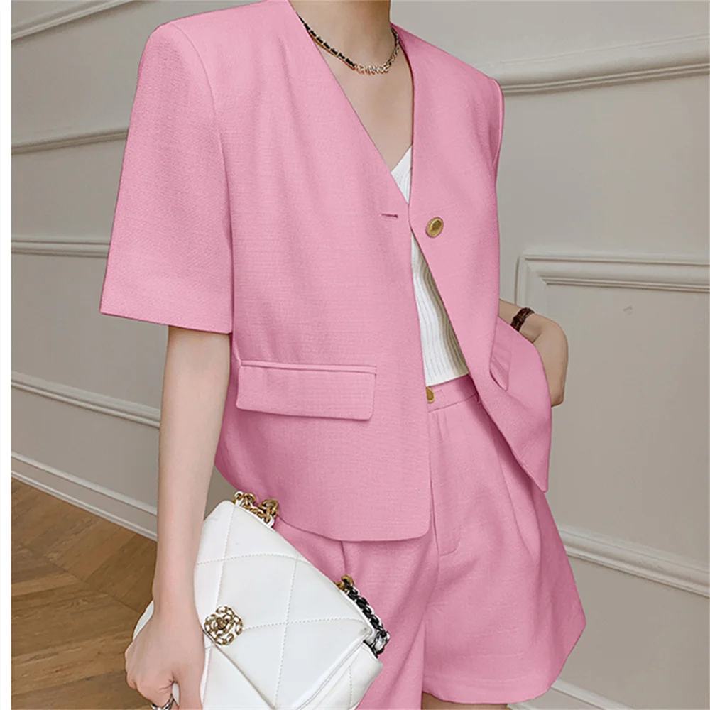 

PLAMTEE Short Sleeve V-Neck Blazers Coats Formal Women 2022 Hot Shorts Two Pieces Set New Loose Office Lady Elegant Summer Suits