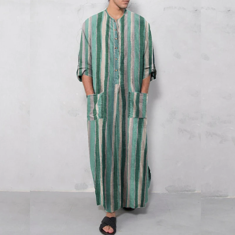 Men's Muslim Abaya Long Sleeve Arabian Striped Printed Muslim Robe Breathable Fashion 2022 Islamic Arabic Kaftan Jubba Thobe