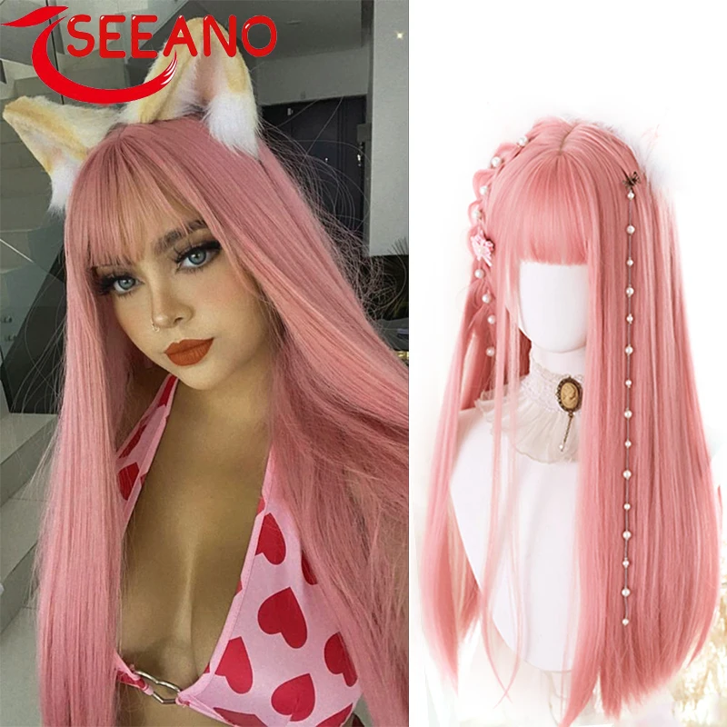 

Парик для косплея SEEANO из синтетического волокна Женский, длинные прямые розовые волосы, устойчивый к высоким температурам, парик в Стиле Ло...