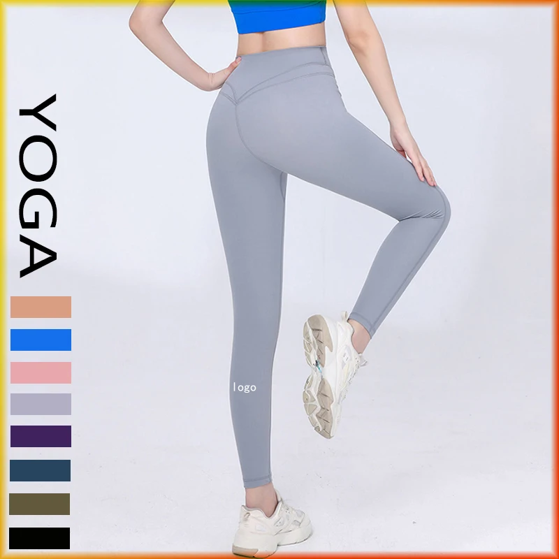 

With Logo New Sports Tight Yoga Pants Women's Skin-friendly Quick-drying High Waist Belly Tight Solid Color Gym Running Leggings