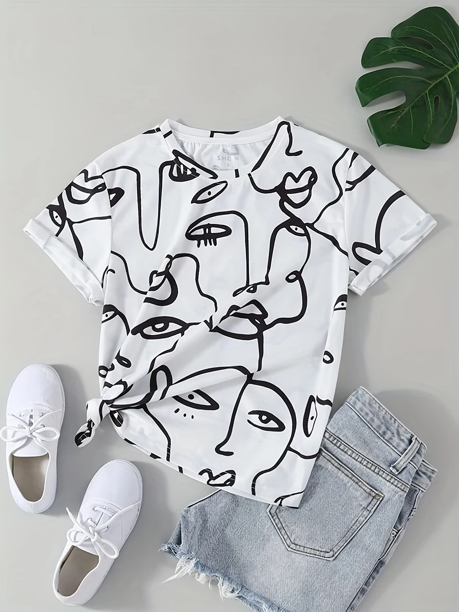 

Finjani Women's T-shirt Face Print Tee Cartoon Short Sleeve Crew Neck Tops Casual Stylish Women's Clothing Summer 2023 New