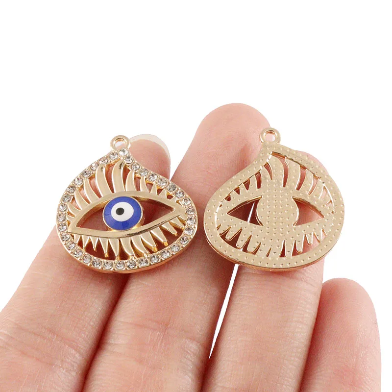 

4 x Dark Blue Turkish Evil Eye Eyelash Hollow Out Antique Gold Color Pendants Charms Chain Statement Necklace Accessories