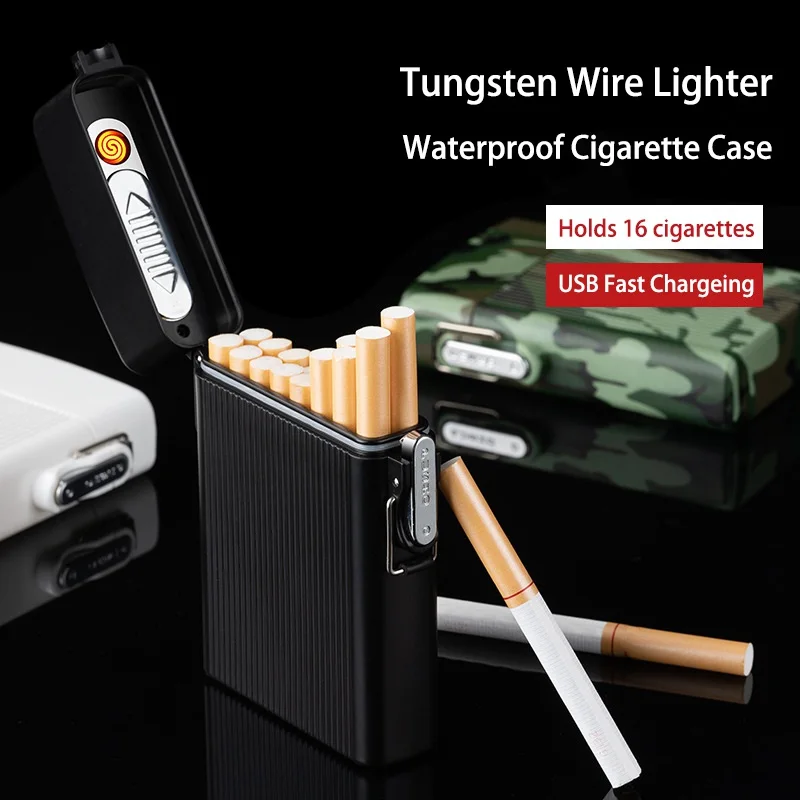 

USB Cigarette Case Lighter Smoking Windproof Tungsten Ignition Waterproof Cigaret Case Holds 16 Cigarettes Outdoor Travel