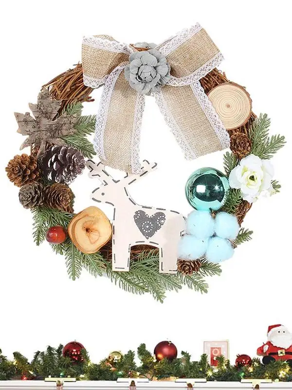 

Christmas Wreath Front Door Decor With Rattan Branch Elk Cotton Ball Pine Cone Burlap Bowknot Door Hanger Christmas Party Supply