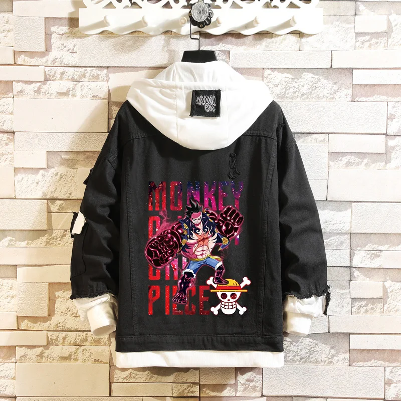 Джинсовая куртка-бомбер Луффи с капюшоном и рваными дырками