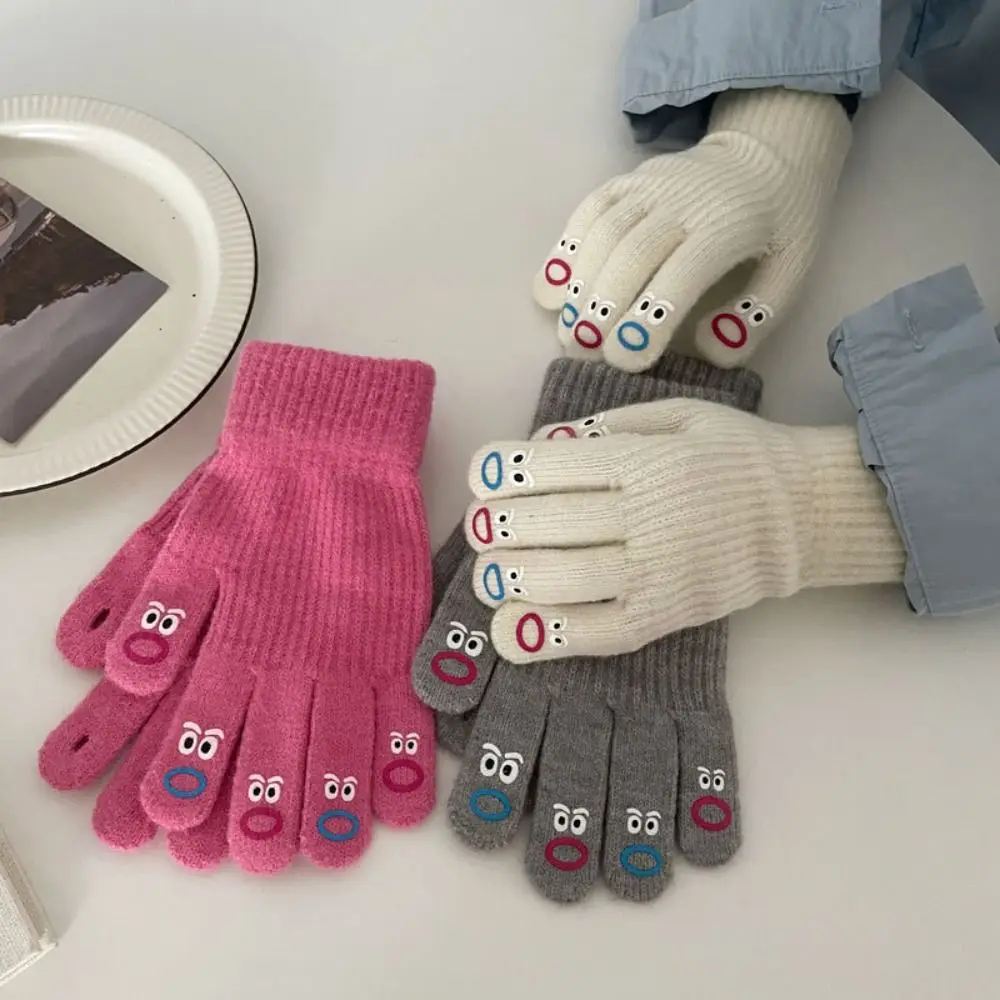 

Однотонные модные ветрозащитные вязаные перчатки с мультяшным принтом, эластичные теплые Осенние перчатки с пальцами