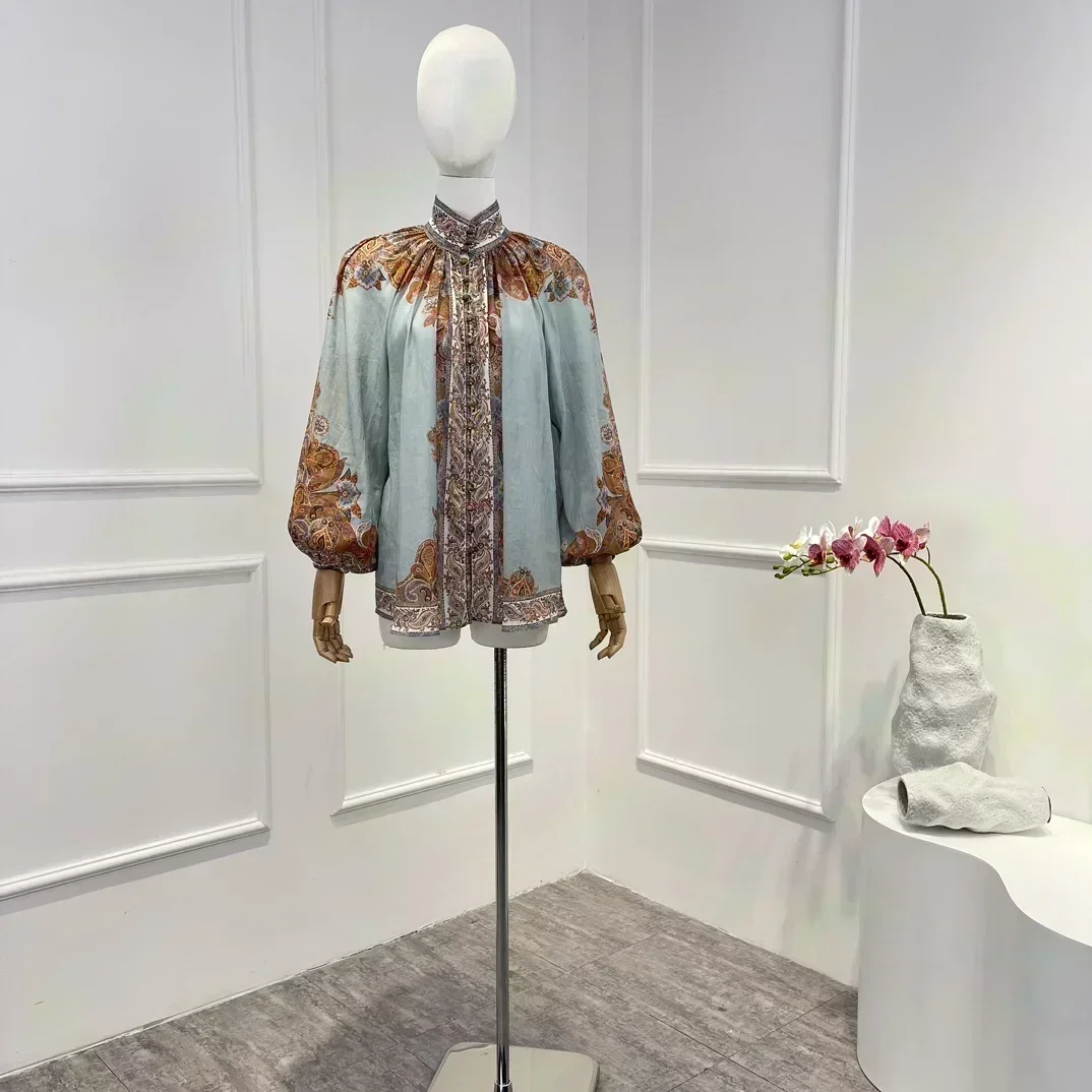 Self Bow Tie 2024 синяя юбка-миди Ramie с принтом пейсли каскадная плиссированная и блузка