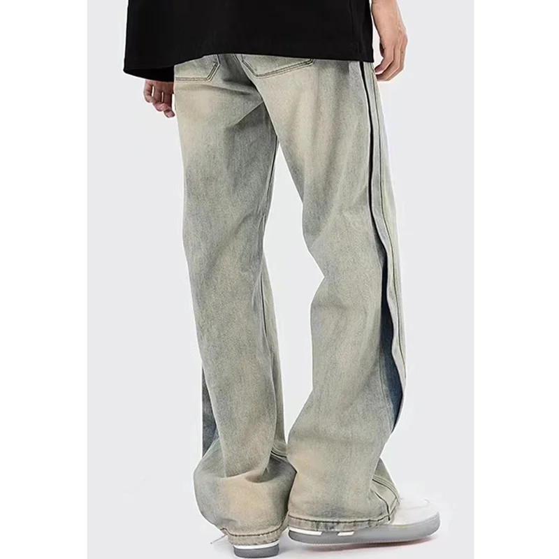 Men Clothing New Pattern Recreational Vintage Broad Leg Yellow Mud Dyeing Jeans Straight Cylinder Loose Cargo Pants Autumn Women