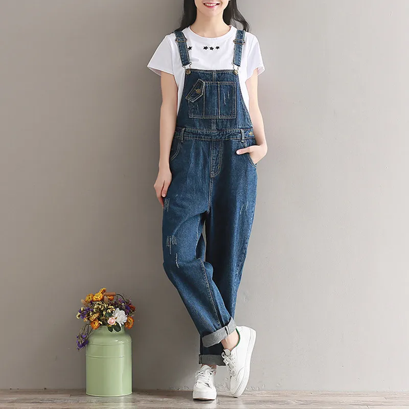 

Spring Denim Jumpsuit Overalls Women Cuffs Loose Wide-legged Trousers Female Students