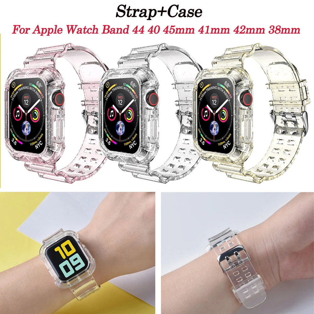 

Спортивный прозрачный ремешок + чехол для Apple Watch 7 6 SE 5 4 3 2 1, силиконовый браслет для iwatch, ремешок 40 мм 44 мм 42 мм 41 мм 45 мм, прозрачный
