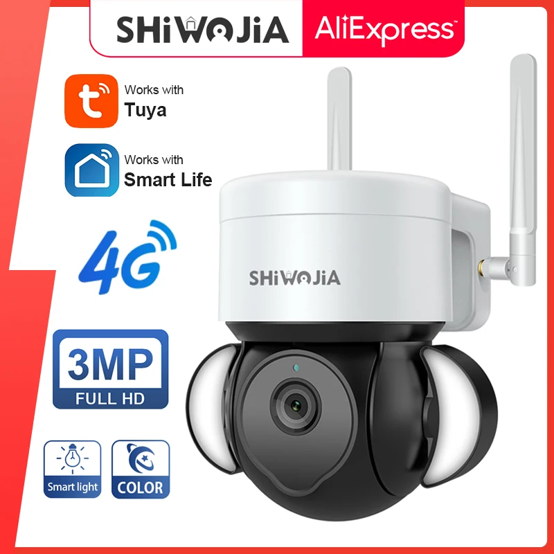 

SHIWOJIA 3MP IP Camera 4G Sim Card TUYA Smart Floodlight Security Camera Auto Tacking Color IR Night Vision Camara Vigilancia 4G