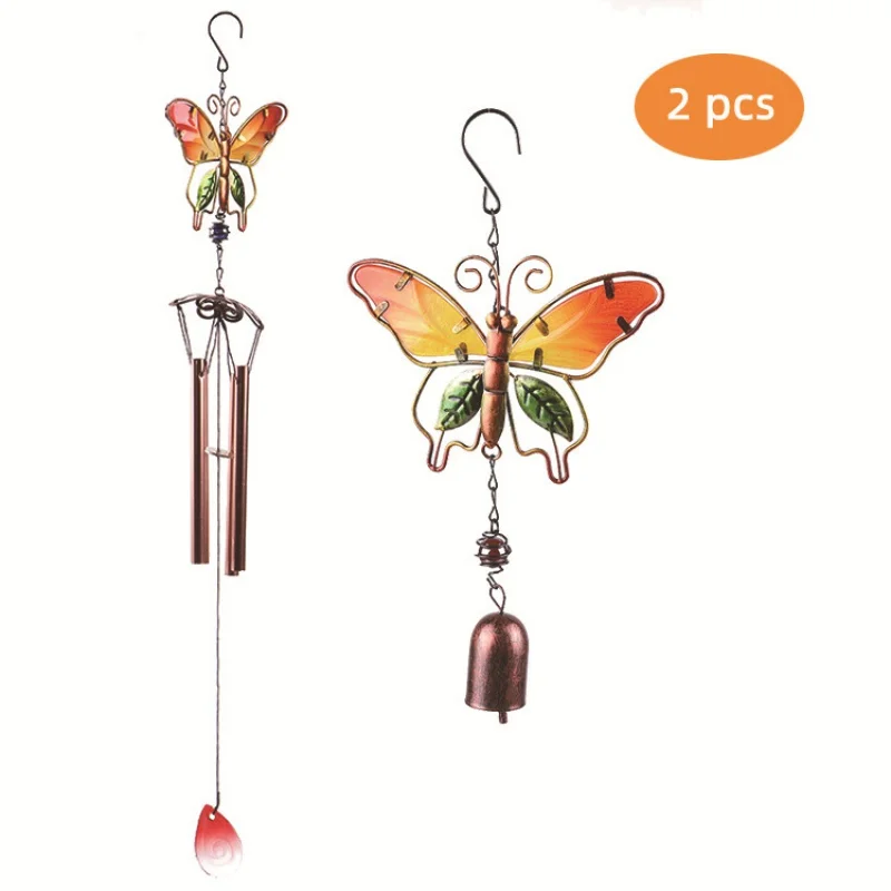 

2Pc Foreign Trade Wrought Iron Color Glass Small Butterfly Wind Chimes Pendant Pastoral Style Garden Decoration Courtyard Furnis