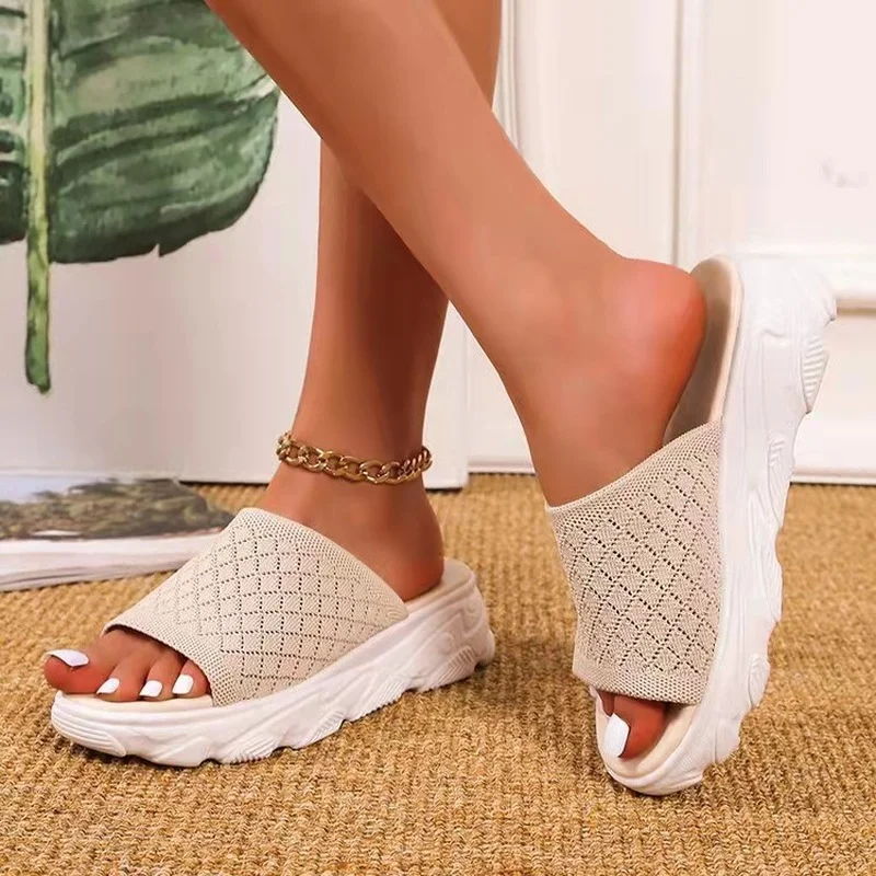 

Fish Mouth Mesh Breathable Ladies Slippers Solid Color Versatile Woman Casual Sandals Lightweight Non-Slip Female Beach Slippers