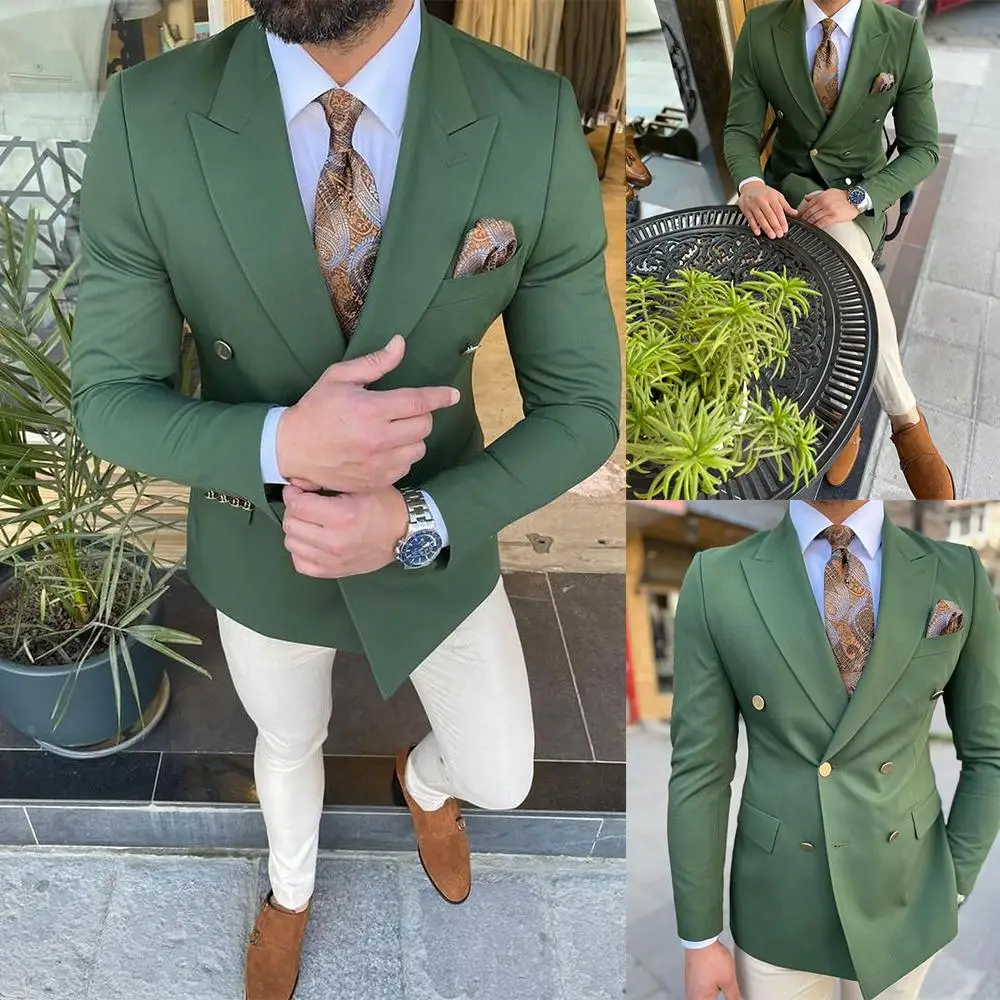 2 Pieces Tailor Made New Peak Lapel Groom Tuxedos Men Suits 2022  Slim Formal Business Costume Homme ( Blazer+Pants+Vest+Tie)