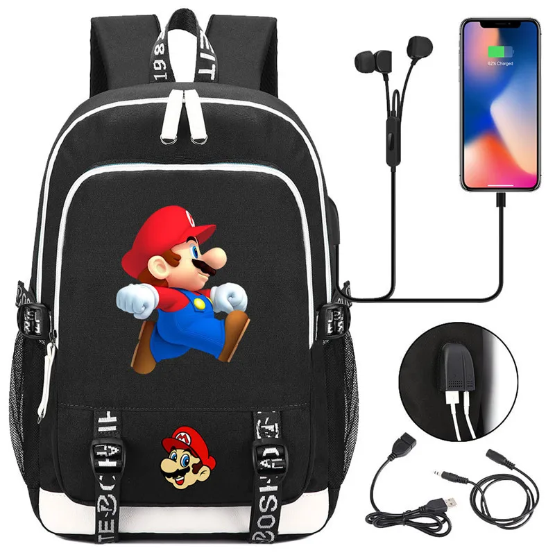 

Super Mario Game Surrounding Canvas Shoulder Student Office Backpack Outdoor Usb Interface School Bag Kids School Supplies Gift