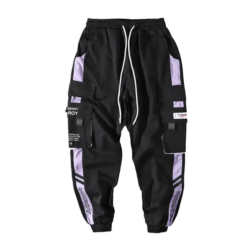 

Hip Hop Ribbons Cargo Pants Men Joggers Pants Mens Streetwear Military Pants 2023 Fashion Male Elastic Waist Pant Cotton Black