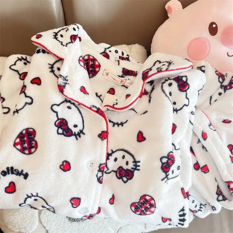 

Толстые фланелевые пижамные комплекты Hello Kitty с длинным рукавом, домашняя одежда кошачьей кошки кораллового цвета, бархатные пижамы, женски...