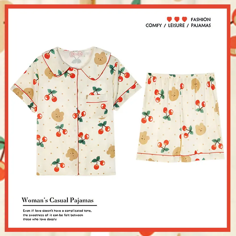 Women's Sleepwear Set Cute Print Short Set Pajamas for Women Cotton Pajama Set Sweet Short Sleeve Top & Shorts Summer Pijamas