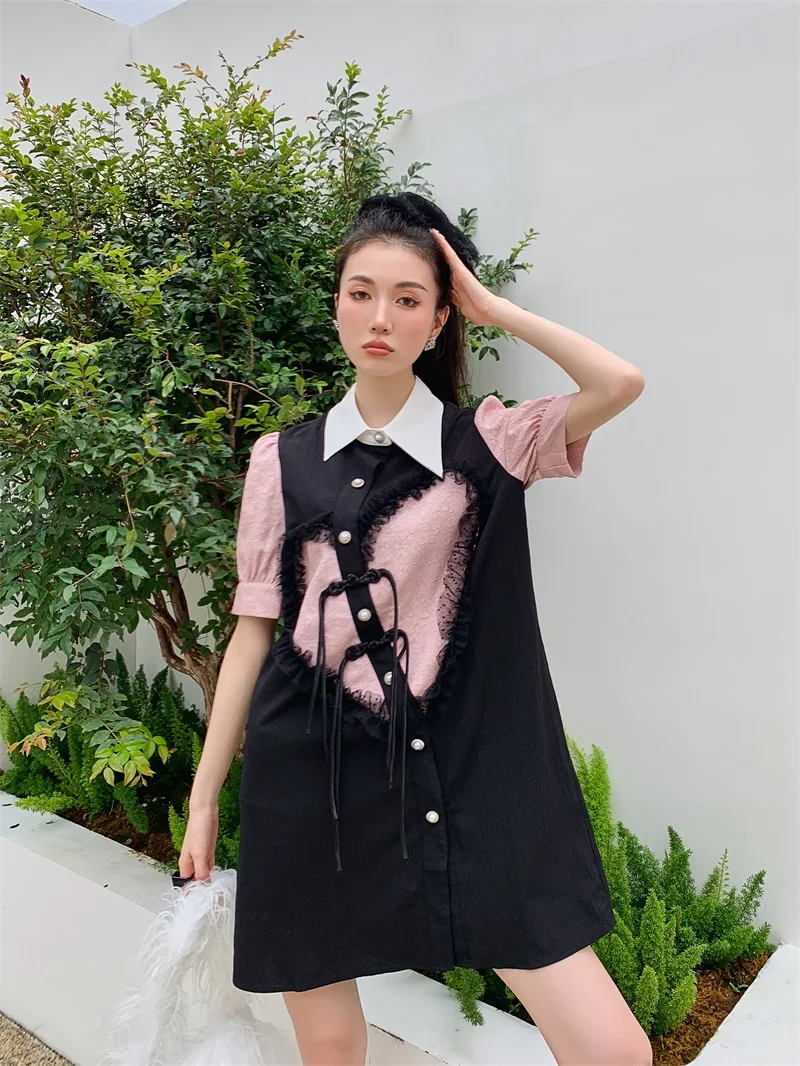 

BULOCHOVA Summer Designer Jacquard Puff Sleeve Loose Mid-Length Dress Women Lapel Buttons Patchwork Chic Casual Vestidos Female