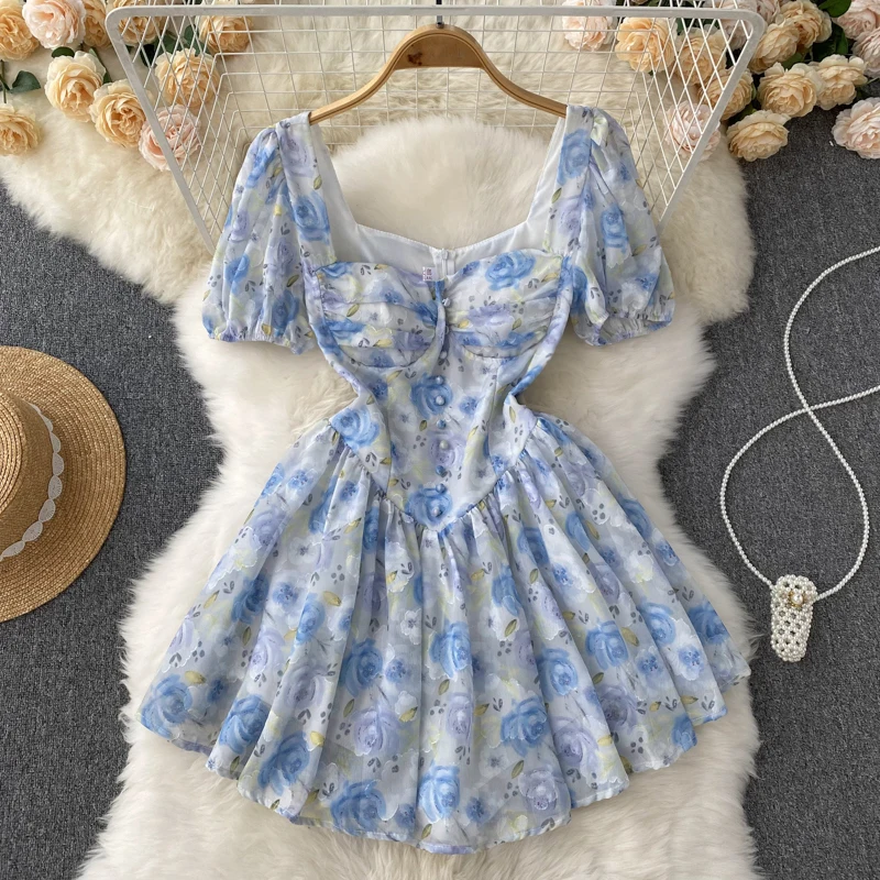 

Summer Dress Square Collar Puff Sleeve Lace Slim Vestidos Sexy Floral Mini Strawberry Dress Beach Holiday Female Robe Polyester