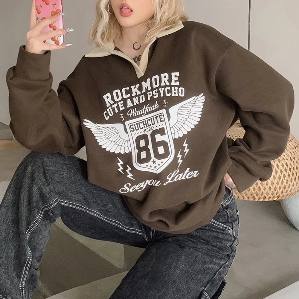 

2021 loose winter women's tops new angel alphanumeric print medium length thickened sweatshirts vintage