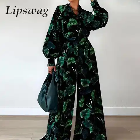 Spring Summer High Waist Wide Leg Pants Suit Casual Loose Women Two Piece Set Fashion Leaf Print Long Sleeve Blouse Shirt Outift