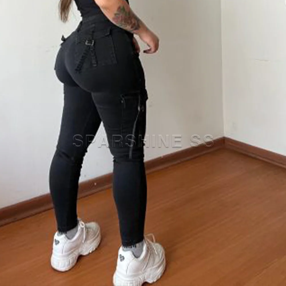 Брюки-карго Y2K женские стрейчевые черные брюки-стрейч Модная Джинсовая одежда с