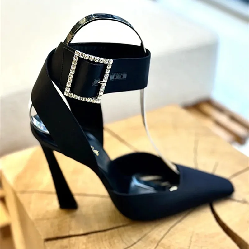 Women's sandals 2023 spring new fashion rhinestone square buckle thin heel bun square head back hollow high heel Roman shoes