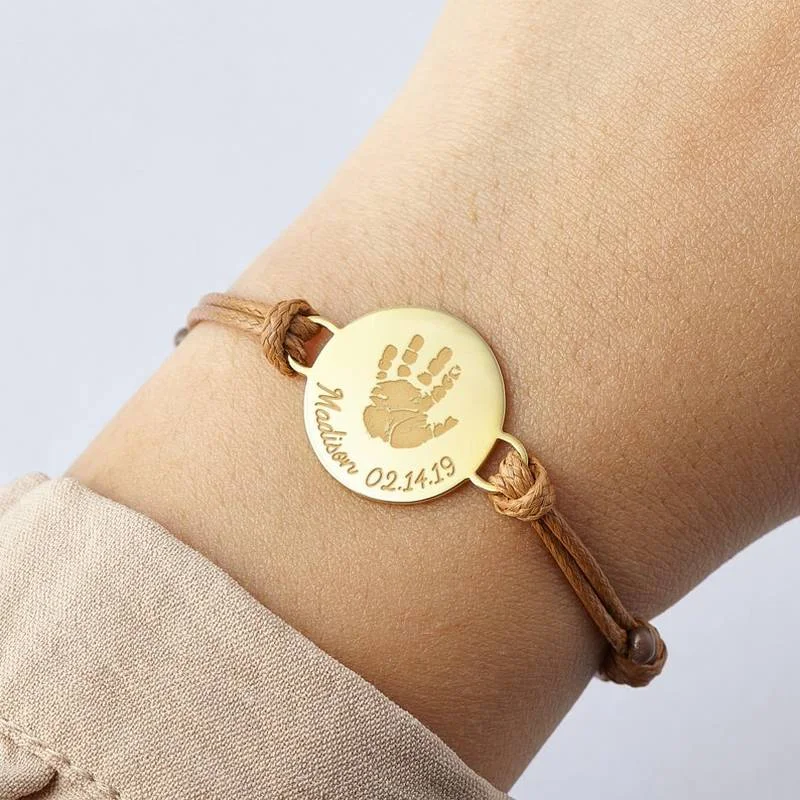 Custom Bracelets Personalized Adjustable Rope Bracelet Women Engraved Baby Footprint Handprint Stainless Steel Jewelry Mom Gifts