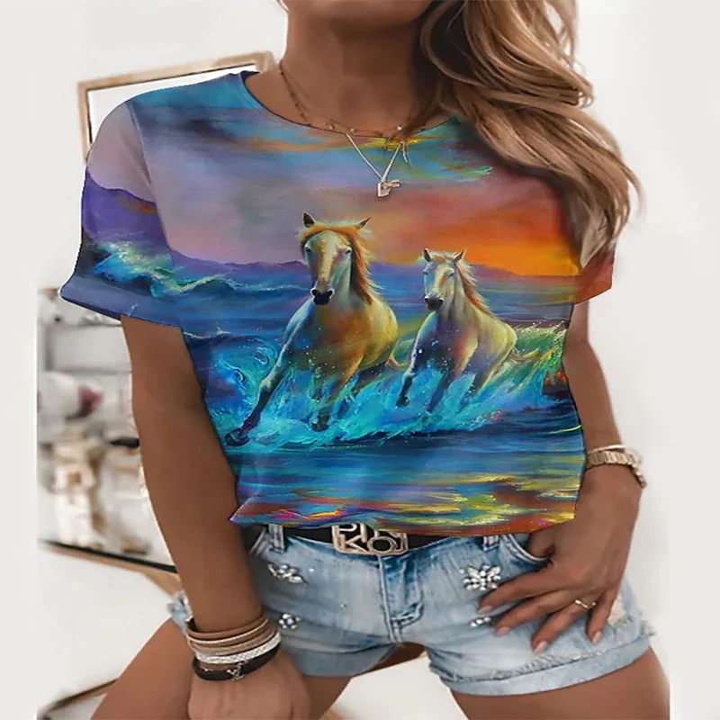 

Animal horse print T-shirt for women abstract pattern printed 3D T-shirt large size fashion top women T-shirt design with horse
