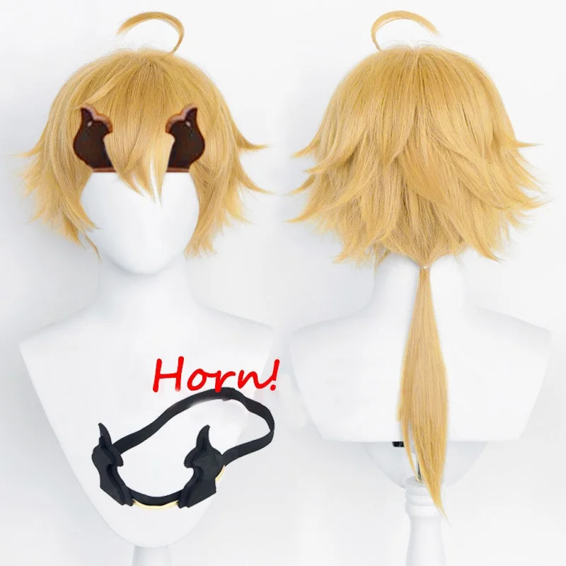 Genshin Impact Thoma Cosplay Wig Increased Hair Volume Three-dimensional Fluffy Design With Horn Yellow Wigs for Genshin Coser