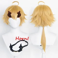 genshin impact thoma cosplay wig increased hair volume three dimensional fluffy design with horn yellow wigs for genshin coser