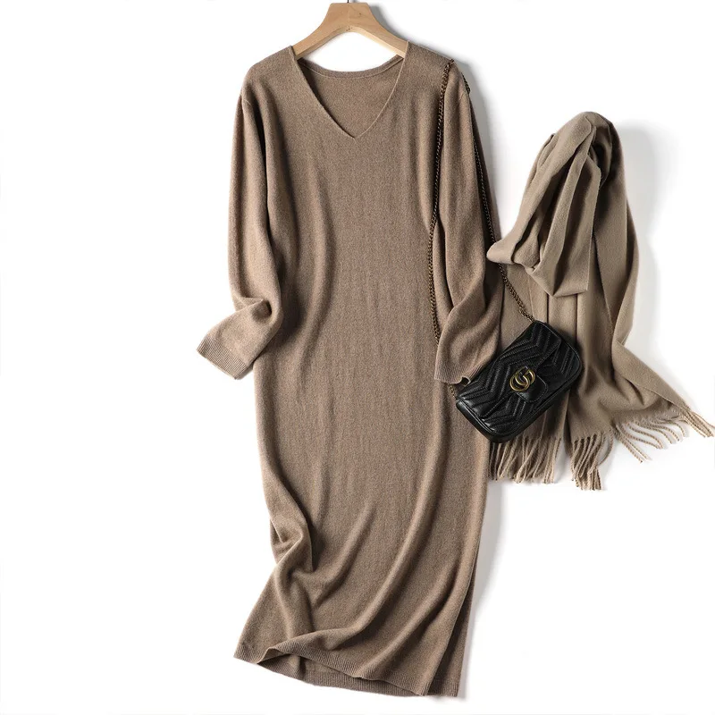 

French Simple Slim V-neck Pleandan Wool Seamless Knit Dress Autumn And Winter Women's Bottom Sweater Skirt