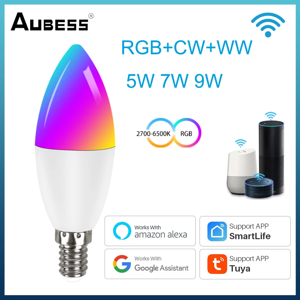 

Умная лампа с Wi-Fi, светодиодная лампа Е14 RGB с функцией таймера, работает с Alexa/Google Home, 85-265 в, RGB + белая цветная лампа с регулируемой яркостью, 5 В...