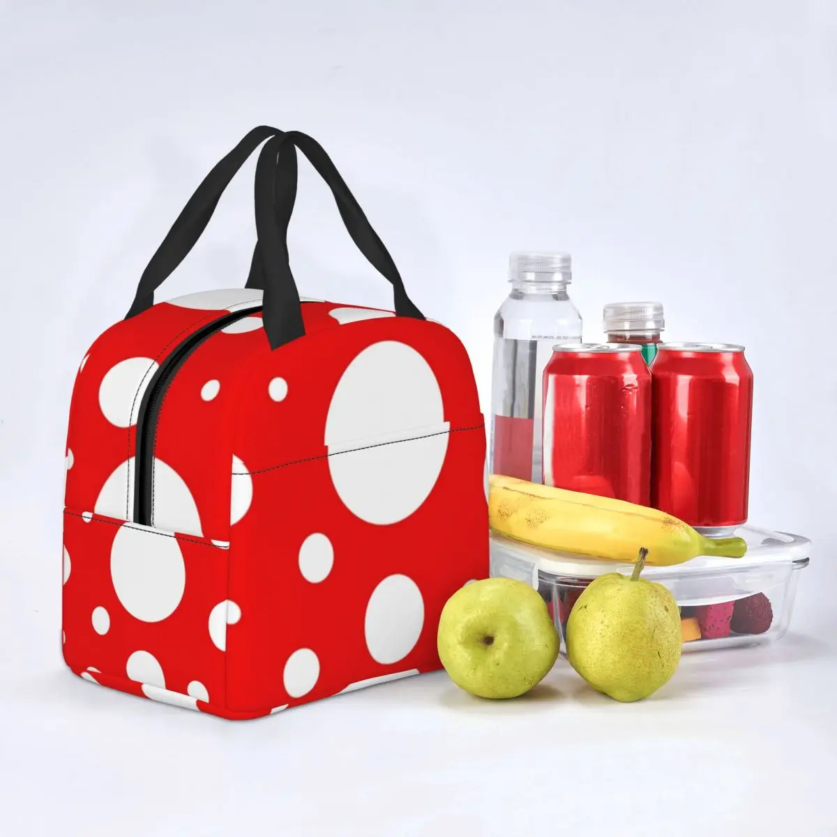 

Red White Polka Dot Lunch Bag with Handle Kusama Yayoi Inspired Cooling Cooler Bag Camping Cute Meal Thermal Bag