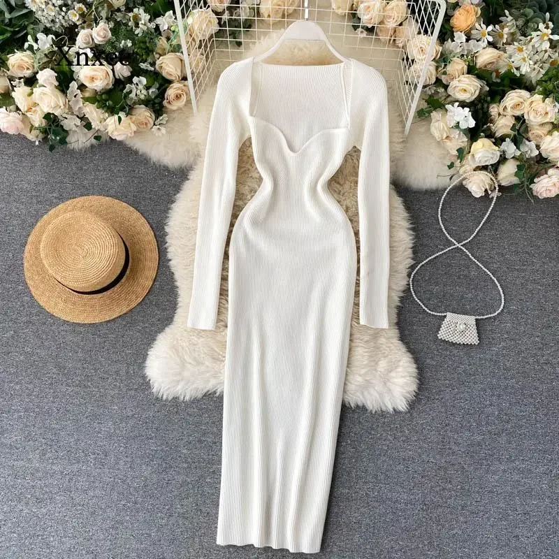 Зимнее и осеннее женское вязаное платье с квадратным воротником модное