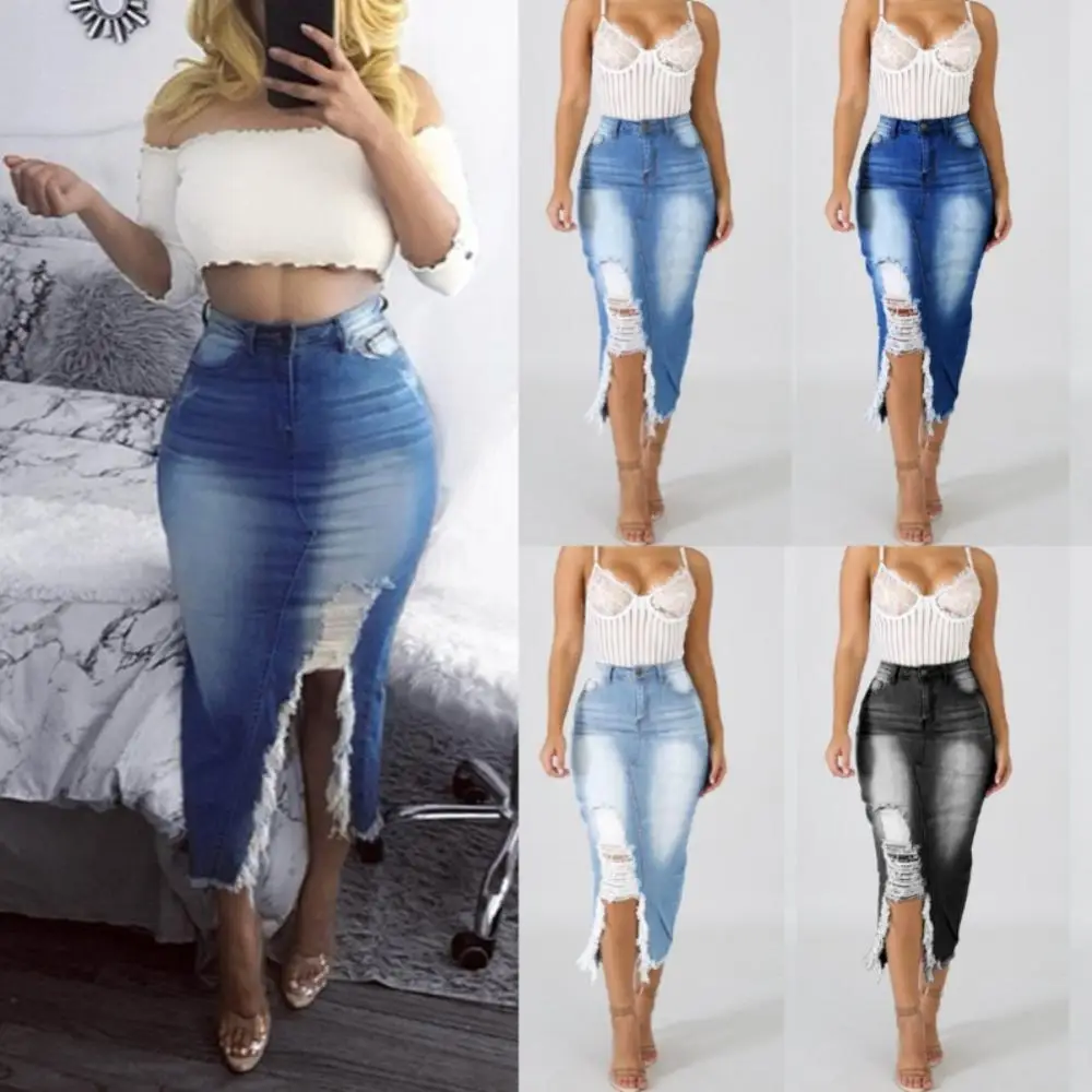 

High Waist Skirt Fashion Bodycon Women Ripped Split Denim Distressed Jeans Long Skirt