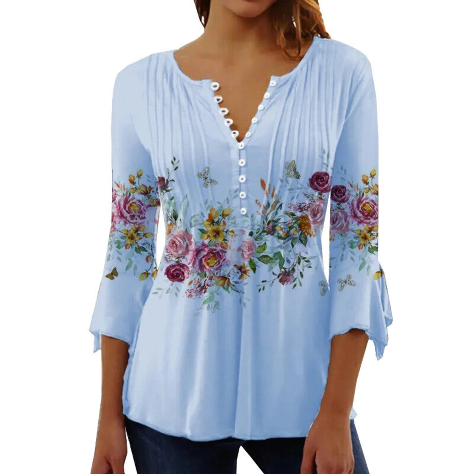 

Женская Весенняя блузка и топы 2023 с цветочным принтом и V-образным вырезом, однобортная приталенная женская летняя рубашка с узким подолом, женская одежда