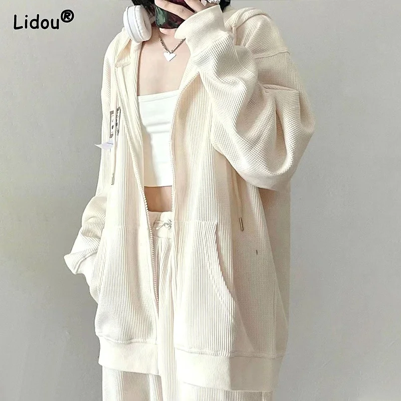 

Hoodies Loose Drawstring Pockets Zipper Solid Women's Clothing Cardigan Casual Fashionable Young Style Autumn Winter Simple