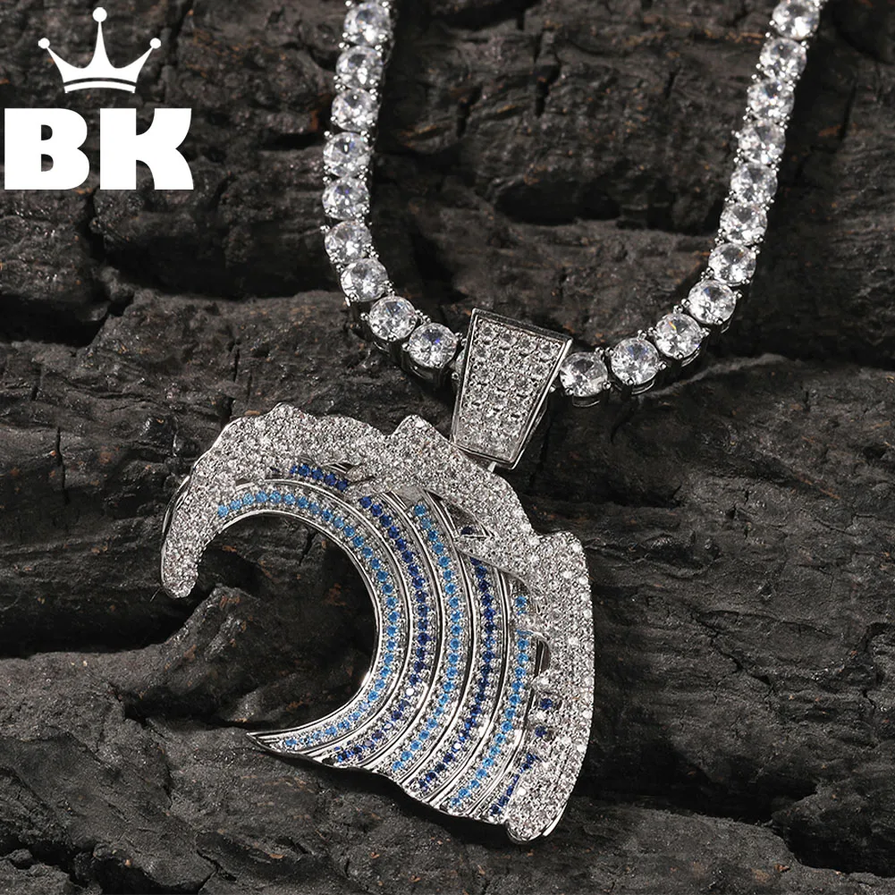 

Мужское ожерелье с кулоном в виде синей ледяной волны BLING KING, очаровательное 3D ожерелье с покрытием из 18-каратного золота, полностью сверкающее украшение с фианитами в стиле хип-хоп для тенниса