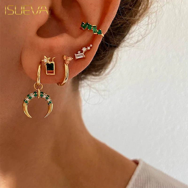 

ISUEVA Gold Plated Dangle Earrings for Women Green Zircon Crescent Moon Hoop Drop Earrings 2023 Fashion Jewelry Accessories