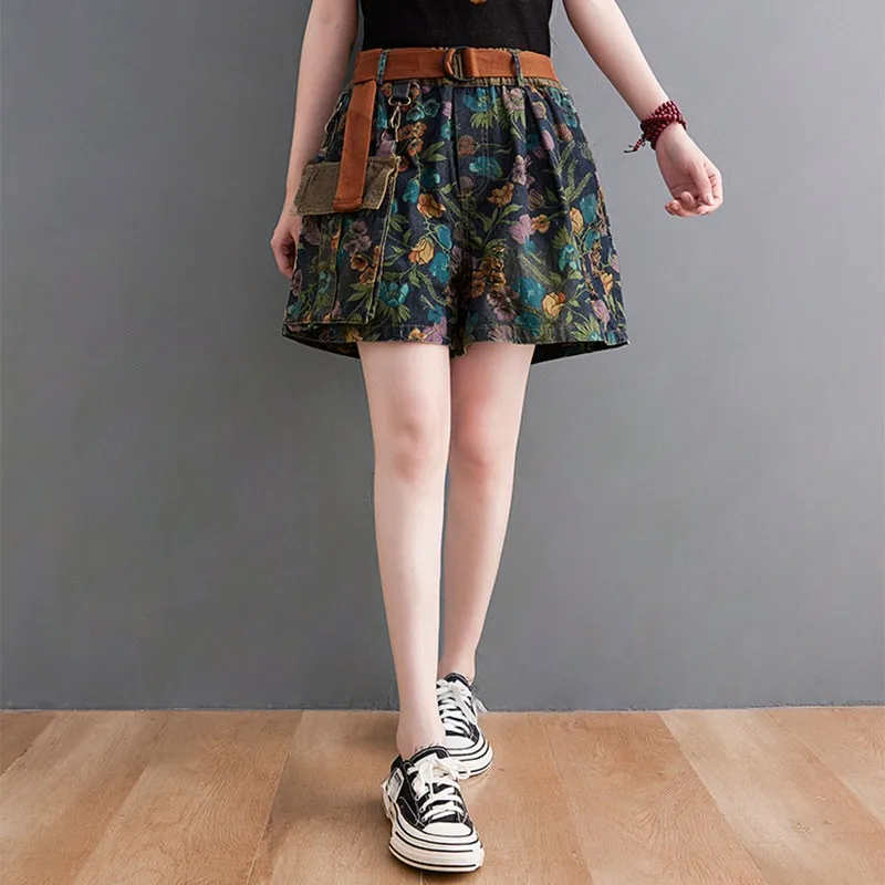 2021 Fashion Streetwear Floral Print Elastic Waist Loose Women Summer Casual Jeans Shorts Female Patchwork Pocket Denim Shorts