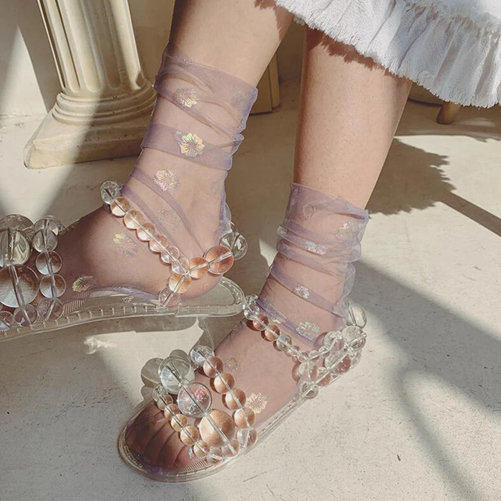 

Women Transparent Chiffon Female Fashion Flower Nylon Tulle Socks Hosiery Mesh Socks