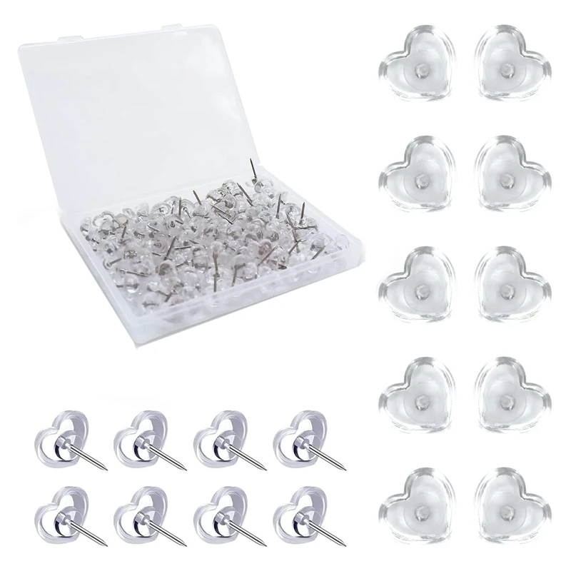 

LBER 100 Pcs Clear Heart Shape Push Pins Cute Thumbtacks Tacks Decorative Pushpins Plastic Thumb Tacks Steel Point
