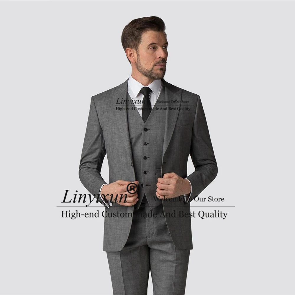 

Fashion Grey Daily Suits For Men 3 Piece Set Formal Business Blazer Wedding Groom Tuxedo Banquet Jacket Vest Pants Costume Homme